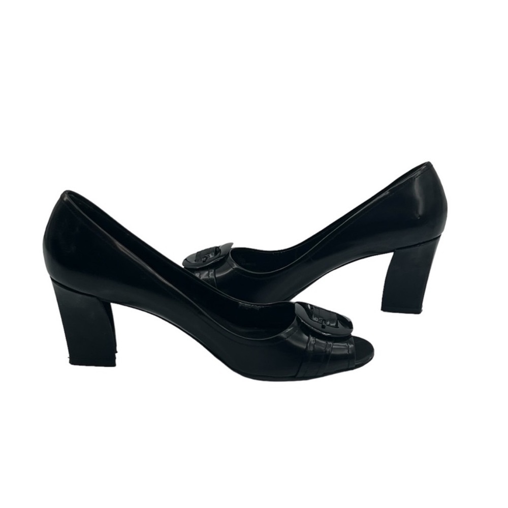 Franco Sarto black peep toe buckle pumps